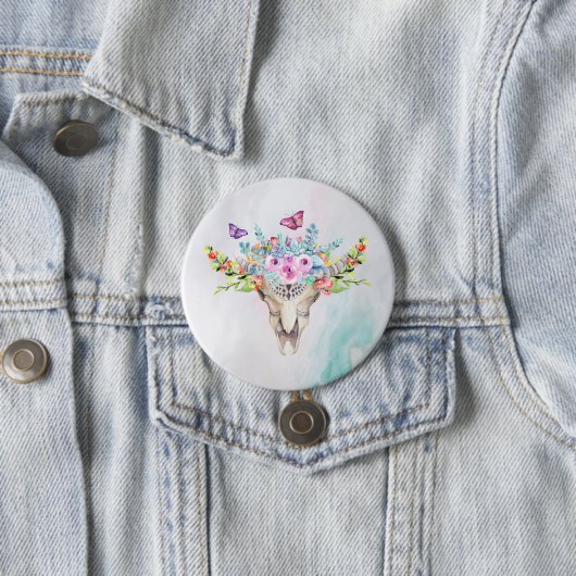 Boho Animal Skull mit Schmetterlingen und Blume Button (Beispiel)