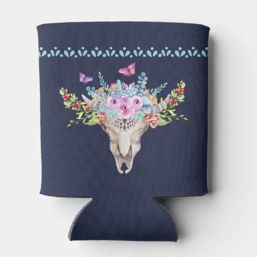 Boho Animal Skull mit Schmetterlingen und Blume Dosenkühler (Rückseite)