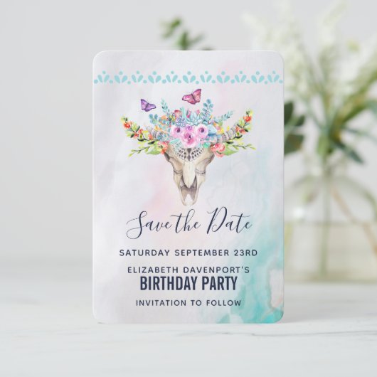 Boho Animal Skull mit Schmetterlingen und Blume Einladung (Stehend Vorderseite)