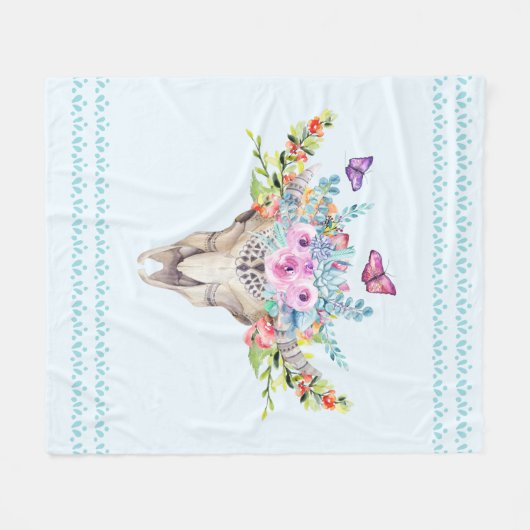 Boho Animal Skull mit Schmetterlingen und Blume Fleecedecke (Vorderseite (Horizontal))