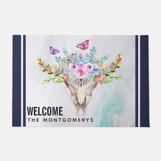 Boho Animal Skull mit Schmetterlingen und Blume Fußmatte (Vorderseite)