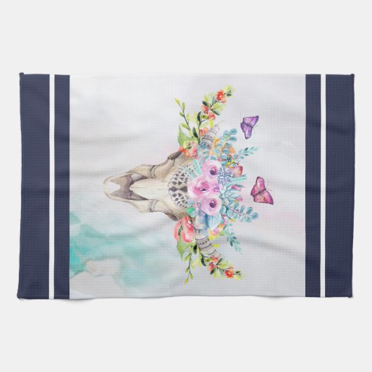 Boho Animal Skull mit Schmetterlingen und Blume Geschirrtuch (Horizontal)