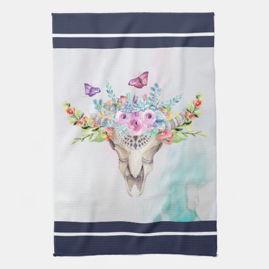 Boho Animal Skull mit Schmetterlingen und Blume Geschirrtuch (Vertikal)