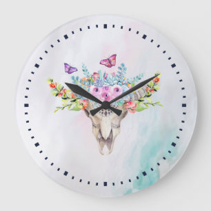 Boho Animal Skull mit Schmetterlingen und Blume Große Wanduhr