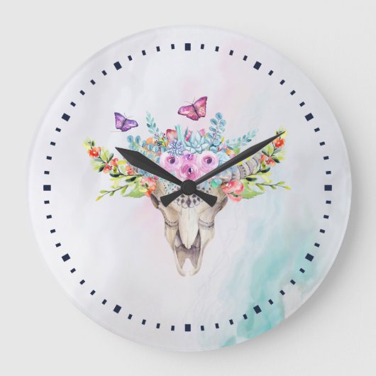 Boho Animal Skull mit Schmetterlingen und Blume Große Wanduhr (Vorderseite)