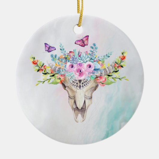 Boho Animal Skull mit Schmetterlingen und Blume Keramik Ornament (Vorne)