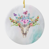 Boho Animal Skull mit Schmetterlingen und Blume Keramik Ornament (Hinten)