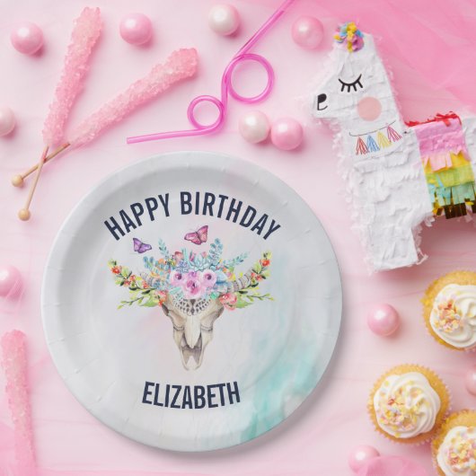 Boho Animal Skull mit Schmetterlingen und Blume Pappteller (Party)