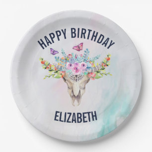Boho Animal Skull mit Schmetterlingen und Blume Pappteller
