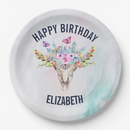 Boho Animal Skull mit Schmetterlingen und Blume Pappteller (Vorderseite)