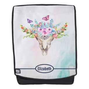 Boho Animal Skull mit Schmetterlingen und Blume Rucksack