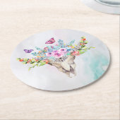 Boho Animal Skull mit Schmetterlingen und Blume Runder Pappuntersetzer (Angewinkelt)