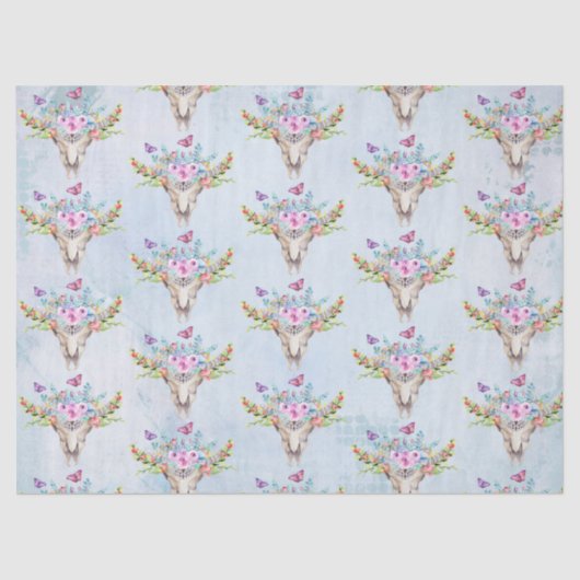 Boho Animal Skull mit Schmetterlingen und Blume Seidenpapier (Vorderseite)