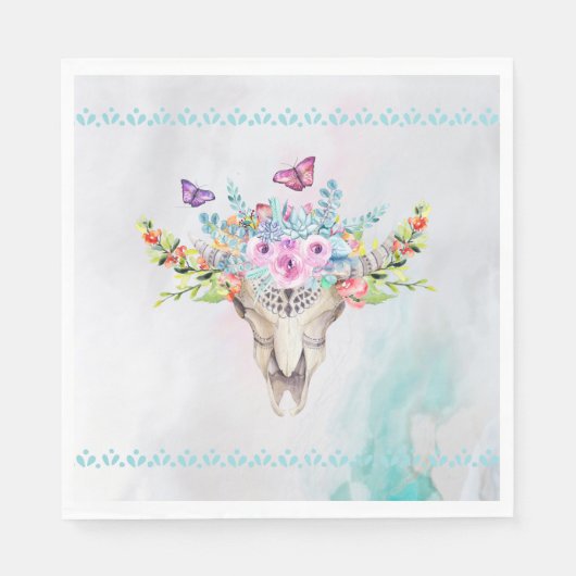 Boho Animal Skull mit Schmetterlingen und Blume Serviette (Vorderseite)