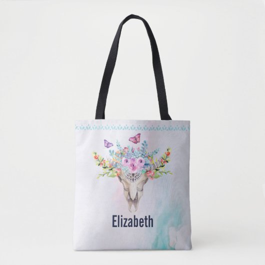 Boho Animal Skull mit Schmetterlingen und Blume Tasche (Vorderseite)