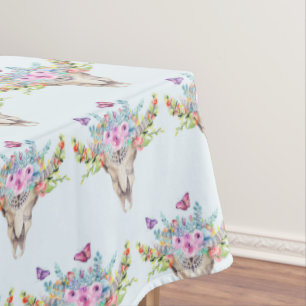 Boho Animal Skull mit Schmetterlingen und Blume Tischdecke