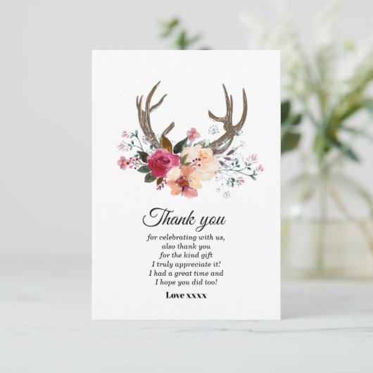 Boho antler Blume Mädchen danke Karte (Stehend Vorderseite)