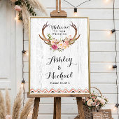 Boho Antler Floral Rustic White Wood Wedding Sign Poster