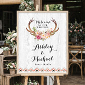 Boho Antler Floral Rustic White Wood Wedding Sign Poster