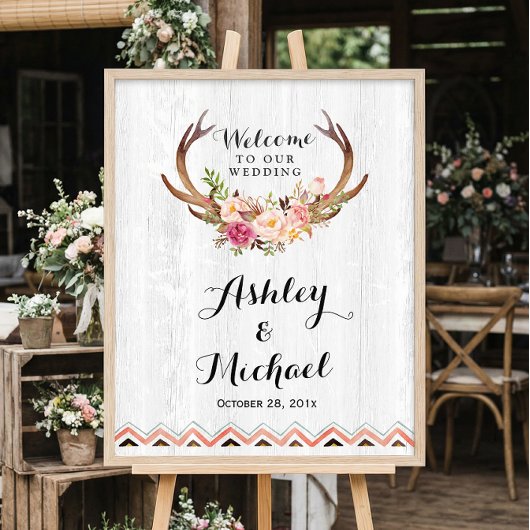 Boho Antler Floral Rustic White Wood Wedding Sign Poster