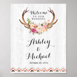 Boho Antler Floral Rustic White Wood Wedding Sign Poster