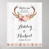 Boho Antler Floral Rustic White Wood Wedding Sign Poster (Vorne)