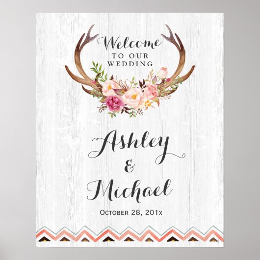 Boho Antler Floral Rustic White Wood Wedding Sign Poster (Vorne)