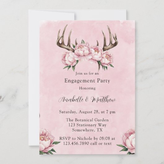 Boho Antler mit Pink Peongs Engagement Party Einladung (Vorderseite)