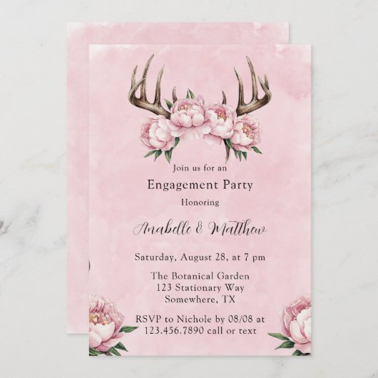 Boho Antler mit Pink Peongs Engagement Party Einladung (Vorne/Hinten)