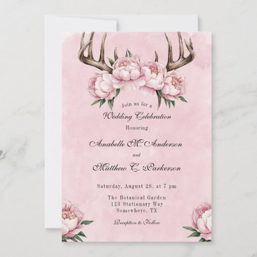 Boho Antler mit Pink Peonies Hochzeitsfeier Einladung (Vorderseite)