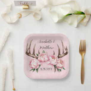 Boho Antler mit Pink Peonies Wedding Pappteller