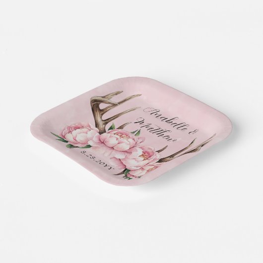 Boho Antler mit Pink Peonies Wedding Pappteller (Gewinkelt)