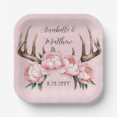 Boho Antler mit Pink Peonies Wedding Pappteller (Vorderseite)