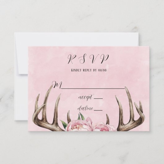 Boho Antler mit Pink Peonies Wedding RSVP Karte (Vorderseite)