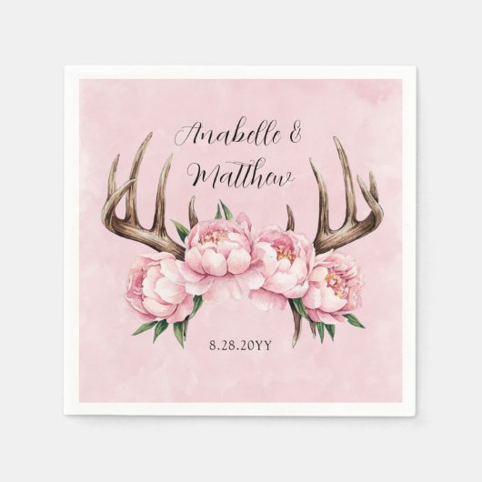 Boho Antler mit Pink Peonies Wedding Serviette (Vorderseite)
