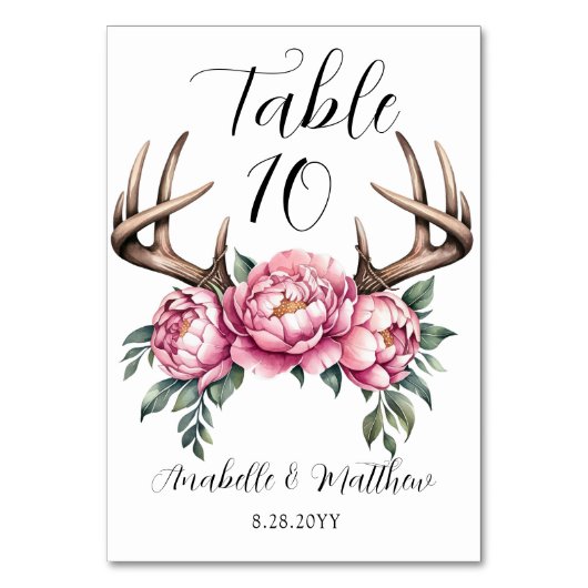 Boho Antler mit Pink Peonies Wedding Tischnummer (Vorderseite)