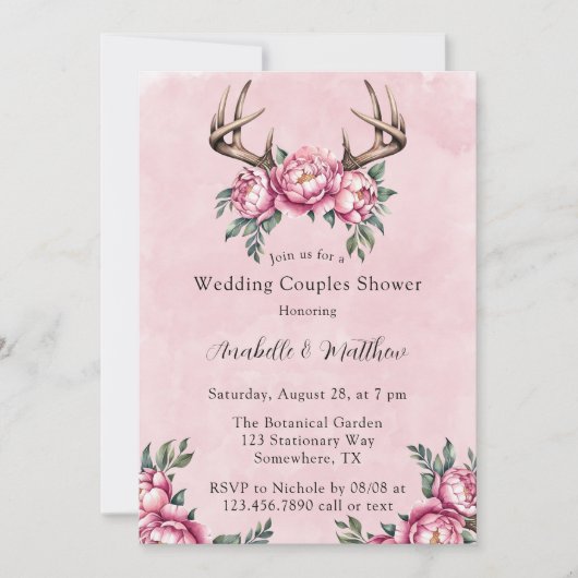 Boho Antler Pink Peonies Wedding Couples Dusche Einladung (Vorderseite)