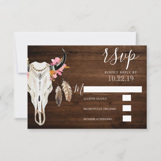 Boho Antler Rustic Dark Wood Wedding RSVP Karte (Vorderseite)