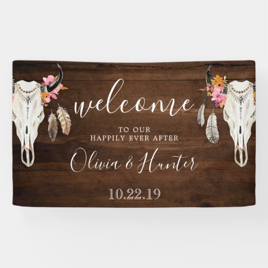 Boho Antler Skull Dark Wood Wedding Willkommensban Banner (Horizontal)