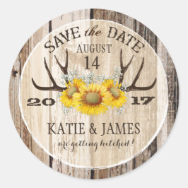 Boho Antler Sunflowers Holz Save the Date Runder Aufkleber