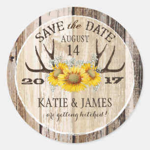 Boho Antler Sunflowers Holz Save the Date Runder Aufkleber