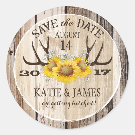 Boho Antler Sunflowers Holz Save the Date Runder Aufkleber (Vorderseite)