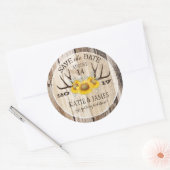 Boho Antler Sunflowers Holz Save the Date Runder Aufkleber (Umschlag)
