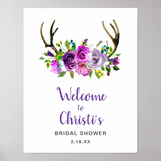 Boho Antlers Floral Brautparty Begrüßungszeichen Poster (Vorne)