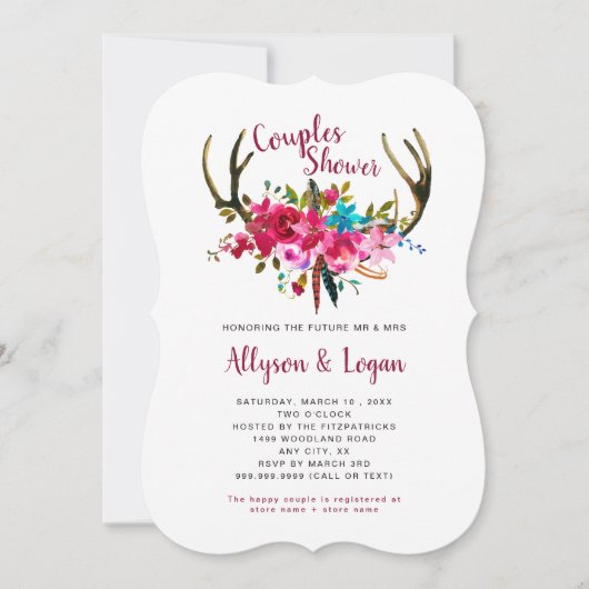 Boho Antlers Fuchsia Pink Floral Couples Dusche Einladung (Vorderseite)