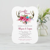 Boho Antlers Fuchsia Pink Floral Couples Dusche Einladung (Stehend Vorderseite)