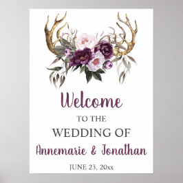 Boho Antlers Lila Plum Pink Peonies Willkommen Poster