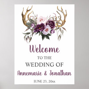 Boho Antlers Lila Plum Pink Peonies Willkommen Poster