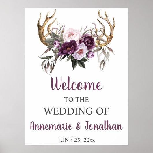 Boho Antlers Lila Plum Pink Peonies Willkommen Poster (Vorne)