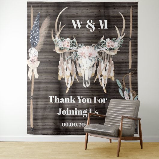 Boho antlers Rose fether wood rustikales Land Wandteppich (Beispiel)